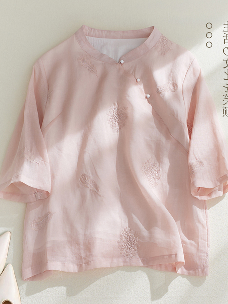 Embroidery Cotton Shirt - Camicia retrò in cotone e lino