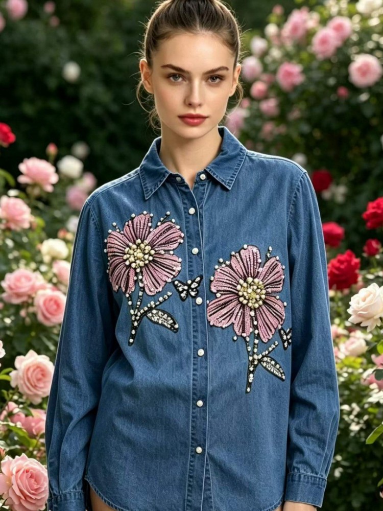 Embroidery Cotton Shirt - Camicette in Denim Ricamate per Donna,