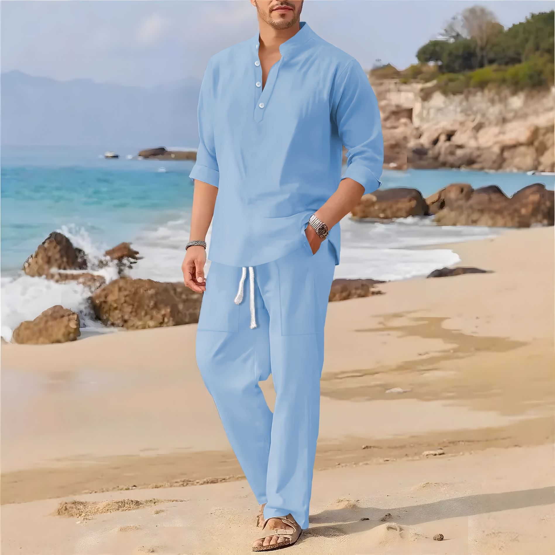 Abito casual da uomo a maniche - Linen Fabric Natural recensione e prezzo